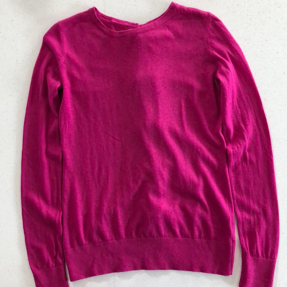 “Peony” pink sweater with black velvet ribbons. Size small